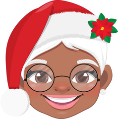 Christmas characters heads with Cute Mrs Claus or Black Santa wife cartoon characters for design