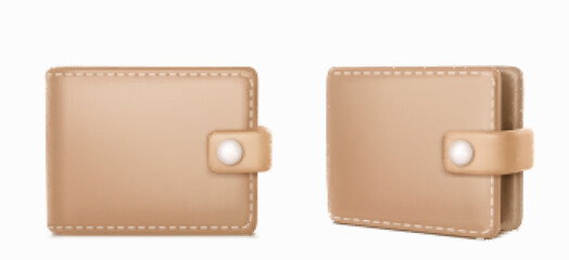 Leather wallet 3d render front and angle view. Realistic beige purse, pocket for money and cards keeping. Luxury accessory with stitches and clasp isolated on white background, Vector illustration