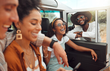 Road trip, friends and travel with a man and woman group laughing or joking while sitting in a car...