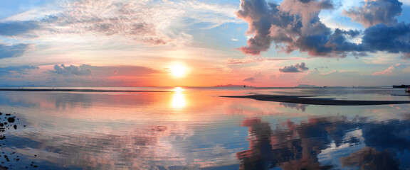 Beautiful sea sunset landscape, ocean sunrise, tropical island beach nature, soft pink sky clouds,...