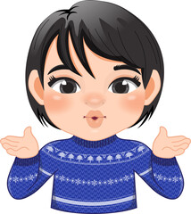 Merry Christmas cartoon design with Excite girl wear a blue sweater cartoon