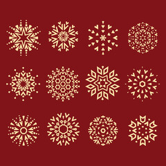 Snowflakes icon collection. Graphic modern gold and red ornament
