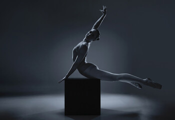 Dance, creative and ballerina with jump in performance against black studio background. Shadow of...