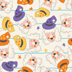 Seamless pattern of cute cartoon poodle illustrations. Cute face dogs in wizard costumes, stars, hats, on colorful lines light background. Repeatable motif for Halloween. Prints for children and kids.