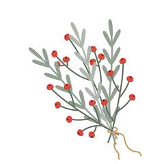 Bouquet of green twigs and red ripe berries Vector clipart, isolated illustration on a white background. For a holiday card, banner, designer decor