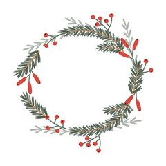 Christmas wreath of cute green spruce branches, red rosehip berries, mistletoe. New Year vector isolated illustration for postcards, banners, posters