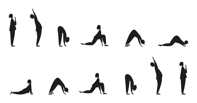 Salute to The Sun. People doing exercises. Set yoga poses. Black silhouette. Vector illustration. Isolated on white background