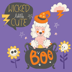Poodle in wizard Halloween costume illustration. Cute spooky poodle dog cartoon design element. Wicked little childish fun design concept. Happy Halloween holiday card template. Perfect for kids, pets