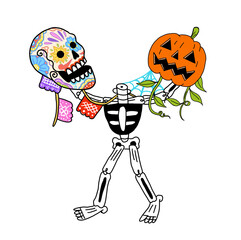 illustrazione di scheletro con teschio messicano e zucca di halloween balla per giorno della morte 