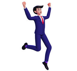 Cheerful businessman jumping in the air. 3d Cartoon Businessman jumping celebrating success and raising up arms with clenched fists winner gesture. 3d illustration