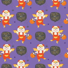 Seamless pattern of trick or treat Halloween Pug carrying pumpkin basket with bones. Purple background with black stars. Dog wearing bat costume ready for 31st October Party. Repeatable motifs vector.