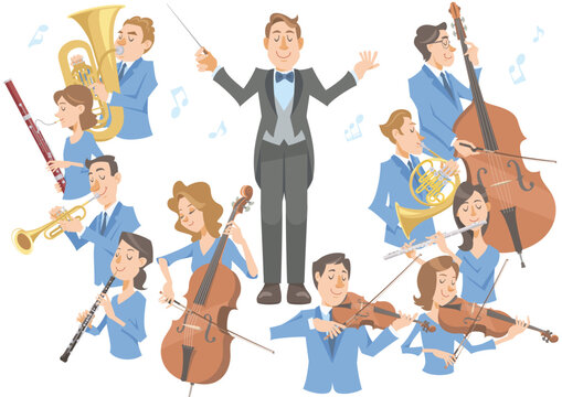 Orchestra players playing around the conductor on white background. Performing with various kinds of musical instruments. Vector illustration in flat cartoon style.