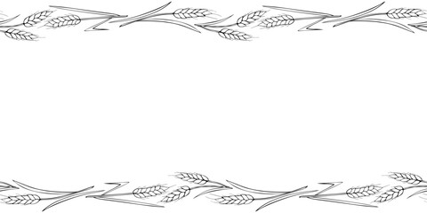 Vector Background, frame made of outline wheat or rye ears in doodle style. Horizontal top and bottom edging, border, decoration on theme of bakery products, flour, harvest, thanksgiving