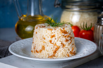 Traditional delicious Turkish food; Turkish style rice pilaf (Turkish name; Arpa sehriyeli pirinc pilavi)