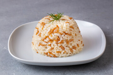 Traditional delicious Turkish food; Turkish style rice pilaf (Turkish name; Arpa sehriyeli pirinc pilavi)