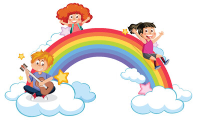 Fototapeta na wymiar Happy children with rainbow