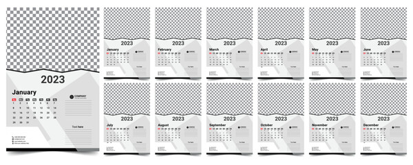 Photo Poster Style Monthly Wall Calendar 2023, Stylish and elegant looking. Week starts on Sunday, Desktop planner corporate, office or home calendar. Editable 12 months pages set