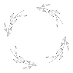 Floral and circle hand drawn style. Floral black and white frame of twigs, leaves and flowers. Frames for the Valentine's day, wedding decor, logo and identity template.