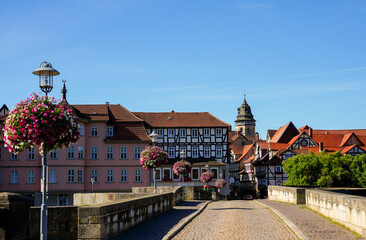 Fototapeta na wymiar Historical city of Hann. Münden at the Old Werra Bridge. View of historic half-timbered buildings. 