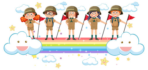 Fototapeta premium Children on rainbow in cartoon style