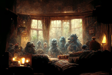 Obraz na płótnie Canvas Scary nightmare monsters in a cozy room. Horrible aliens sitting in a room at night and relaxing