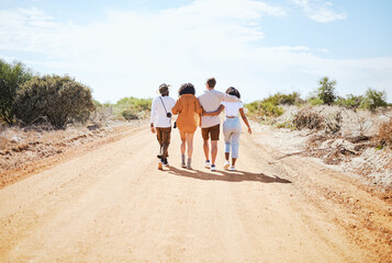 Friends, hug and travel in the countryside for summer vacation enjoying time together in nature....