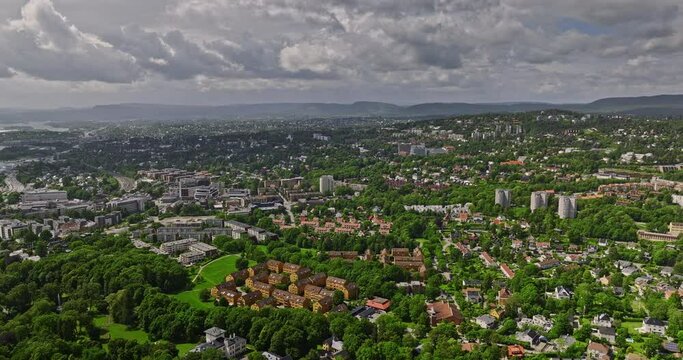 Oslo Norway v46 panoramic view flyover skoyen neighborhood capturing landscape of surrounding environment, popular frogner park and cityscape of residential area - Shot with Mavic 3 Cine - June 2022