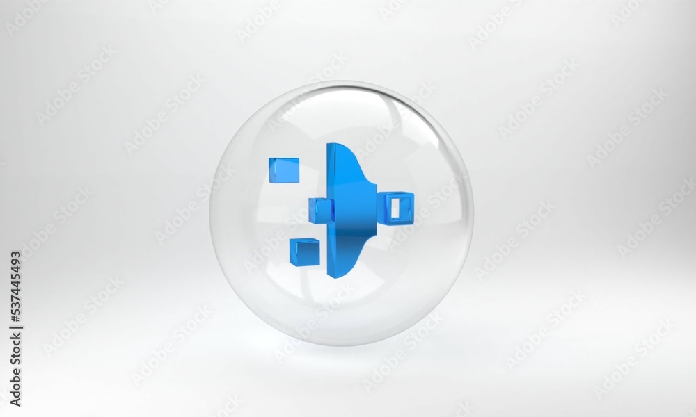 Poster blue filter setting icon isolated on grey background. glass circle button. 3d render illustration
