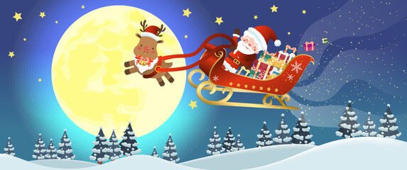 Fototapeta na wymiar Santa Claus driving a sleigh pulled by elk and full of gifts in the moonlight