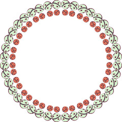 Round frame in shape of wreath with jingle bells. Isolated on white background. Mandala.