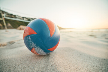 Beach sand, ball and volleyball games at tropical ocean, sunshine nature and sea landscape in...