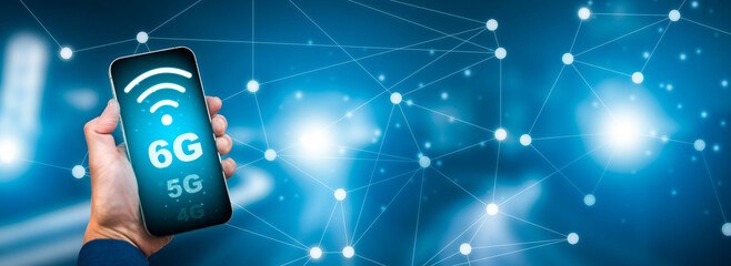 Global network connection 6G concept, Hand hold Smartphone with connection 6G with icon concept, technology network wireless systems and internet of things, new technologies coming up in the future.