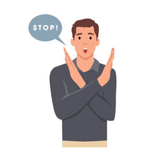 Young man Unhappy showing crossed hands sign. Gesture meaning to stop, that s enough symbol. Refusal or denial. Flat vector illustration isolated on white background