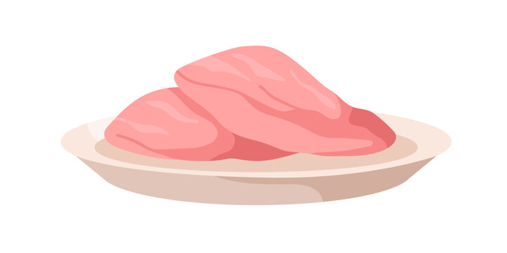Chicken filet, fresh raw breasts on plate. Poultry fillet. Healthy farm meat. Uncooked food ingredient. Flat cartoon vector illustration isolated on white background