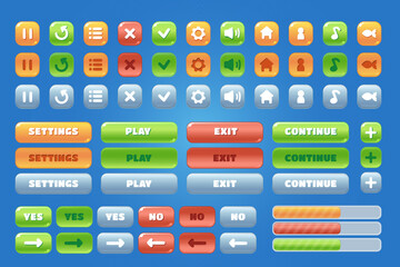 Set of casual buttons for game interface, concept of orange, red, green buttons and icons for app. Vector mobile ui design elements. Play, pause, settings, music, arrows, progress bar, menu elements.
