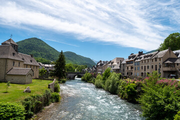 Fototapeta na wymiar Torrent in the village of Arreau. Pyrenes mountains. South France