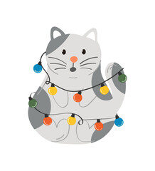 Cute cartoon cat with colorful Christmas garland. 
New Year. Season's Greetings. Vector illustration
