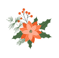 Christmas red poinsettia flower, christmas greenery. 
Vector hand draw illustration.