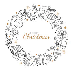 A Christmas greeting card with a simple doodle style. A Christmas wreath and the inscription Merry Christmas. vector holiday graphic design. christmas greeting card with golden black scribble