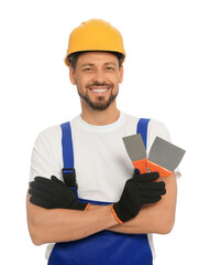 Professional worker with putty knives in hard hat on white background