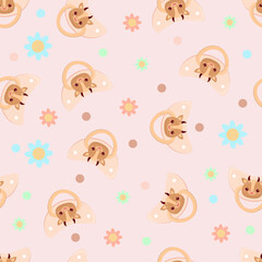 Seamless children's pattern on a pink background. A dummy with a cow. Pacifier for children