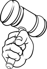 A hand in a fist holding a judge hammer gavel