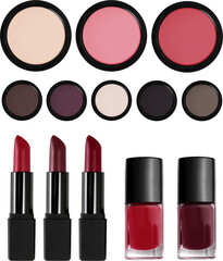 Dark Winter makeup collection transparent PNG. Lipsticks, nail polishes, blushes and eyeshadows in deep cool colors.