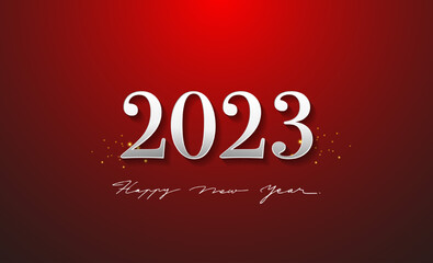 Happy New Year 2023 text design, for Brochure design template, card, banner greeting card. Vector illustration. Isolated on black background.