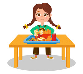 The girl eats fast food sitting at the table.Vector illustration.