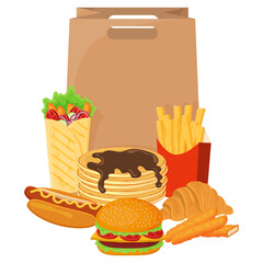 A set of fast food.Sandwiches, croissants, potatoes, shawarma and burgers.Street food.Vector illustration on a white background