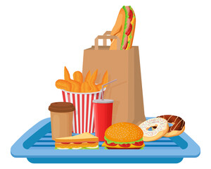 A tray with a set of fast food.Burger, fried chicken wings, sandwich, donuts and coffee.Vector illustration.