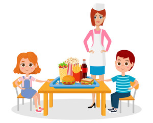 Children eat fast food sitting at the table.Vector illustration.