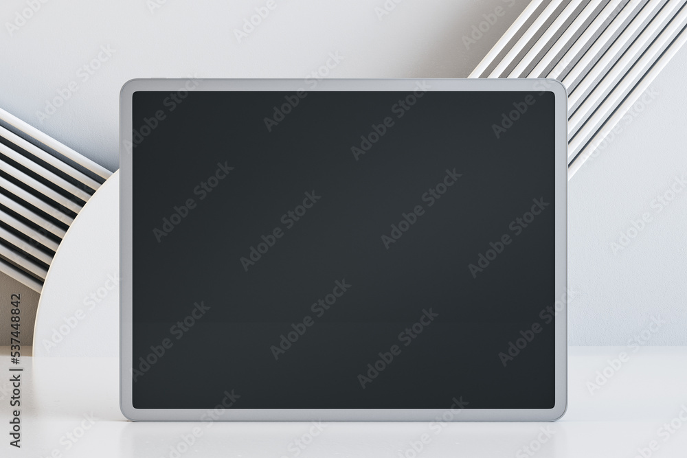 Poster Front view on blank black modern digital tablet screen with space for your logo or text on stylish light background. 3D rendering, mock up