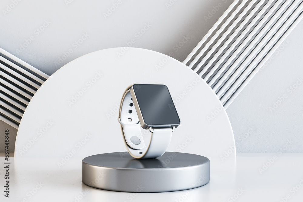 Poster Perspective view on modern stylish light smart watches with blank screen with space for your text or logo on silver round stage on abstract light decoration background. 3D rendering, mock up